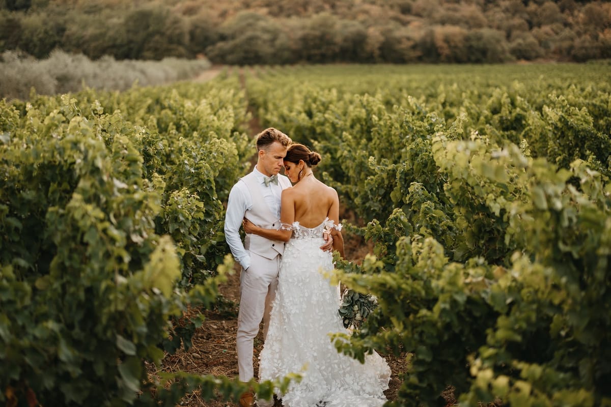 Bride in backless floral applique gown and groom in beige suit embracing between vineyard rows