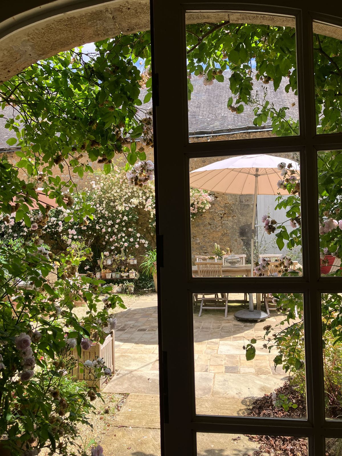 Walled courtyard garden with climbing blush roses framing stone archway and shaded dining table