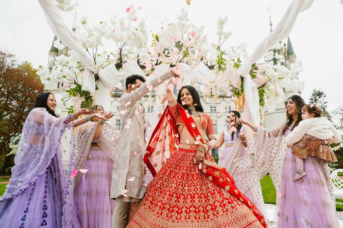 Vermillion Sabyasachi and Marigold Mandaps at Chateau Challain, Loire Valley