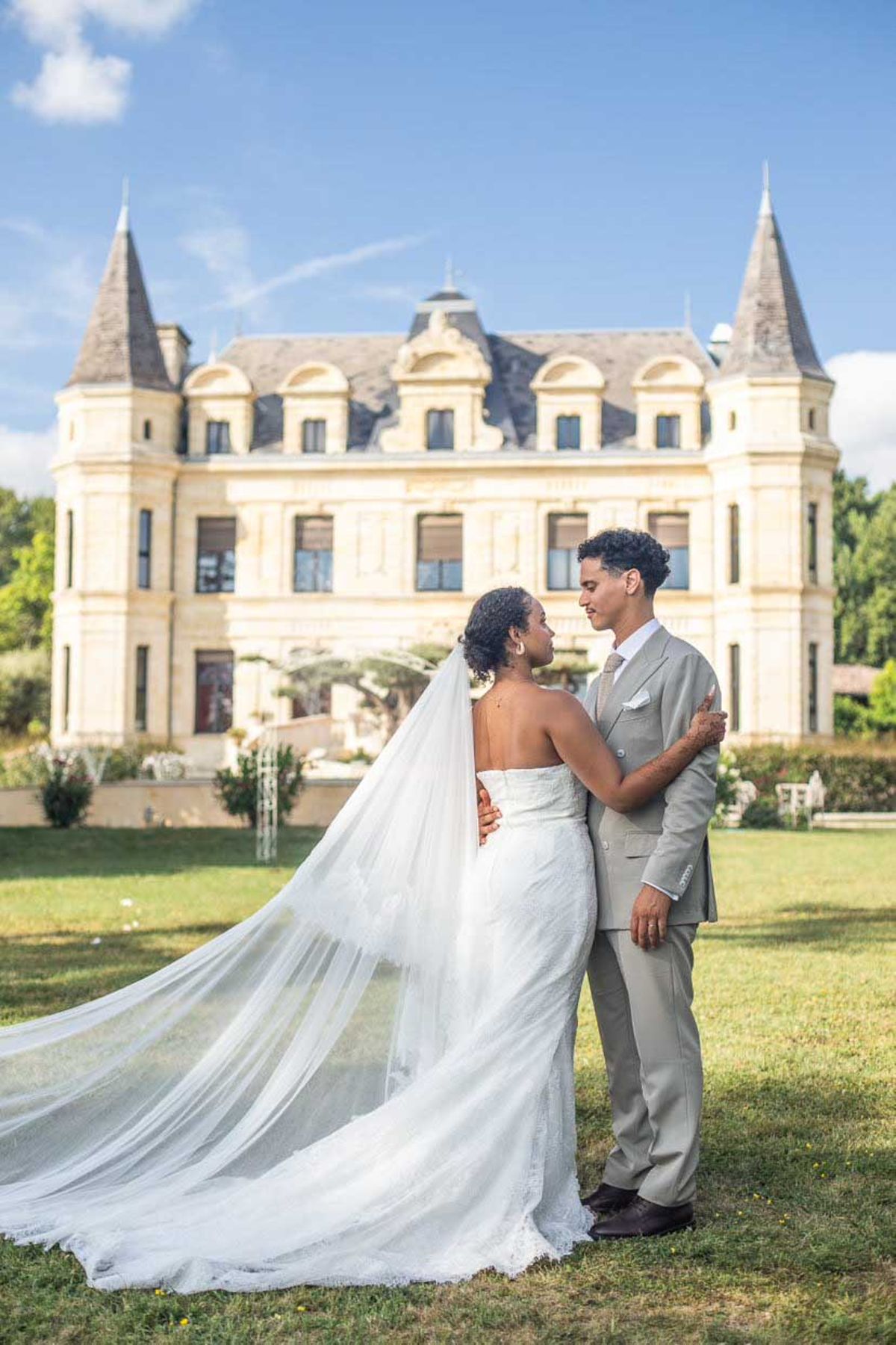 Bride and groom embracing