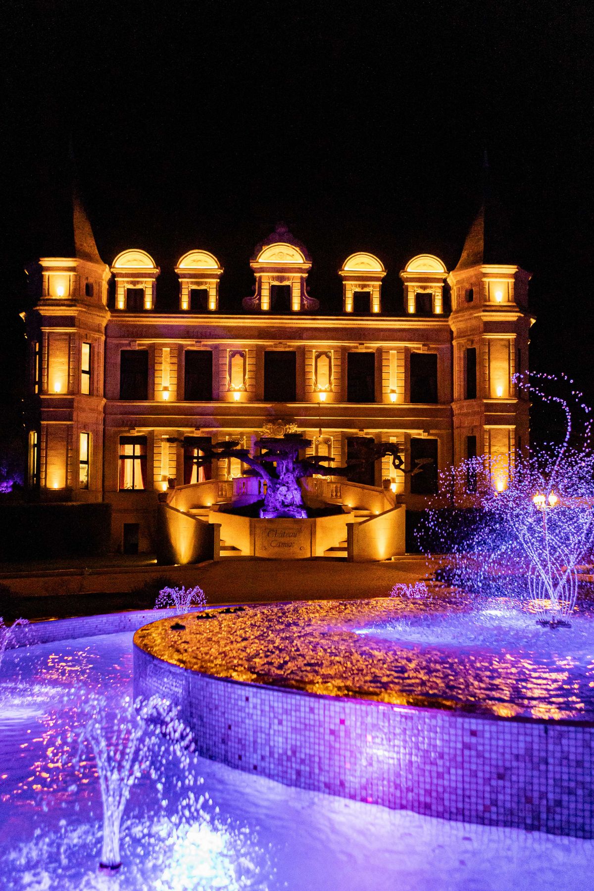 Chateau Camiac exterior at night with amber uplighting on facade and purple-lit fountain and fairy lights in grounds