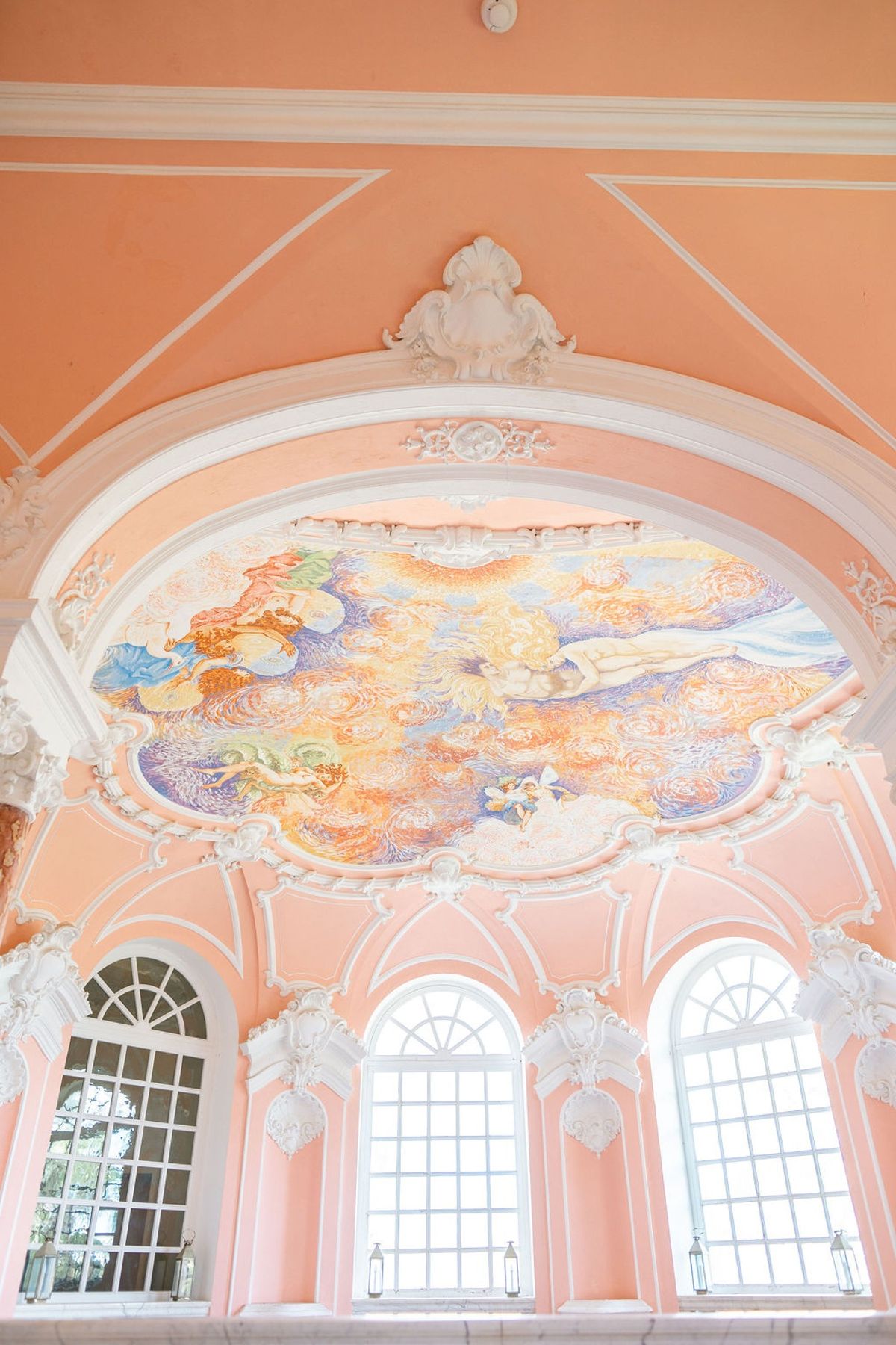 Painted ceiling fresco in the pink salon at Domaine Rocabella, French Riviera