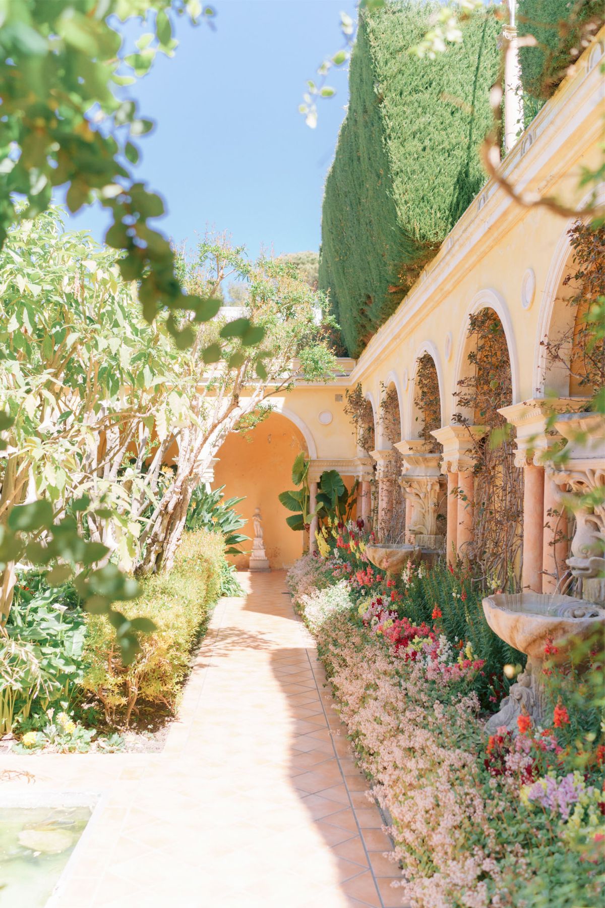 Ochre arcade with white-trimmed arched colonnades and blush pink and coral floral border along stone wall