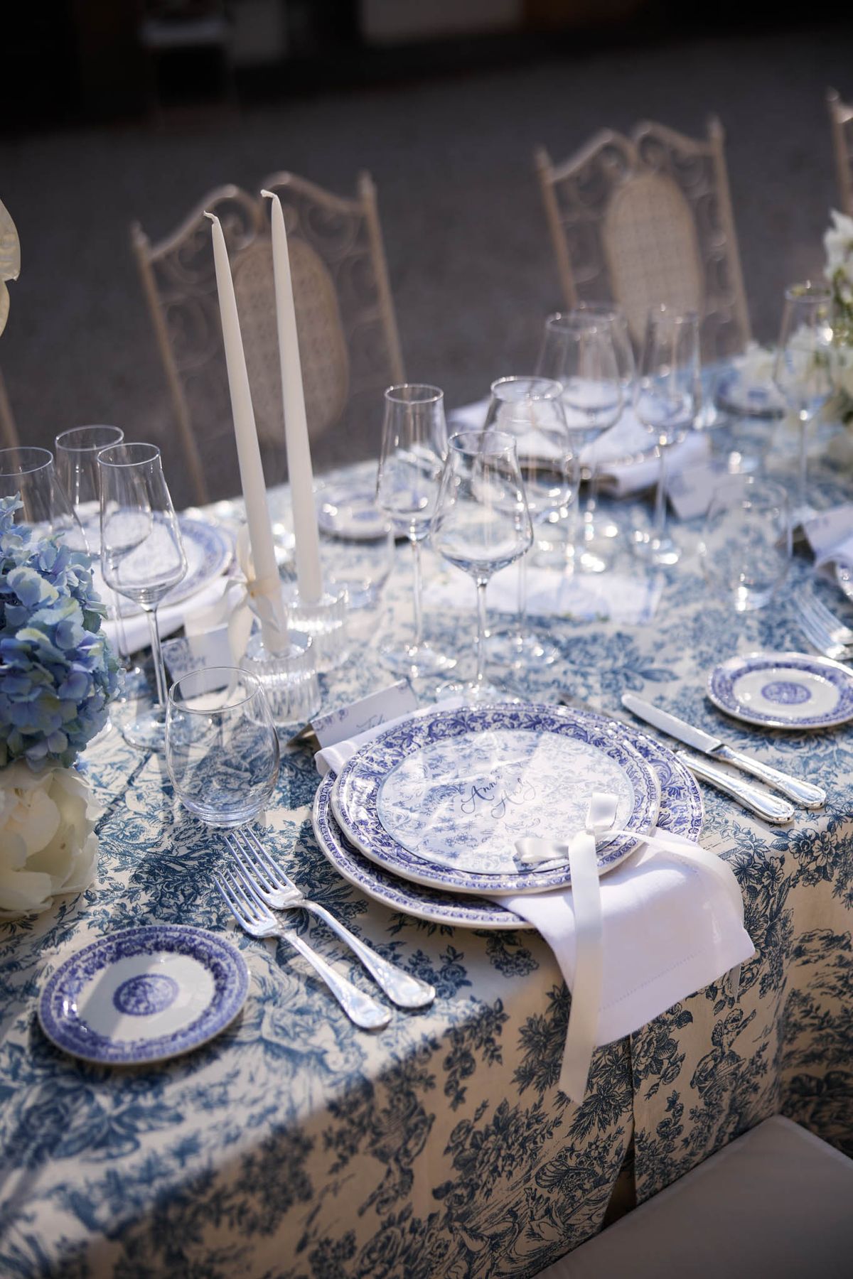 Wedding reception table setting with hydrangeas