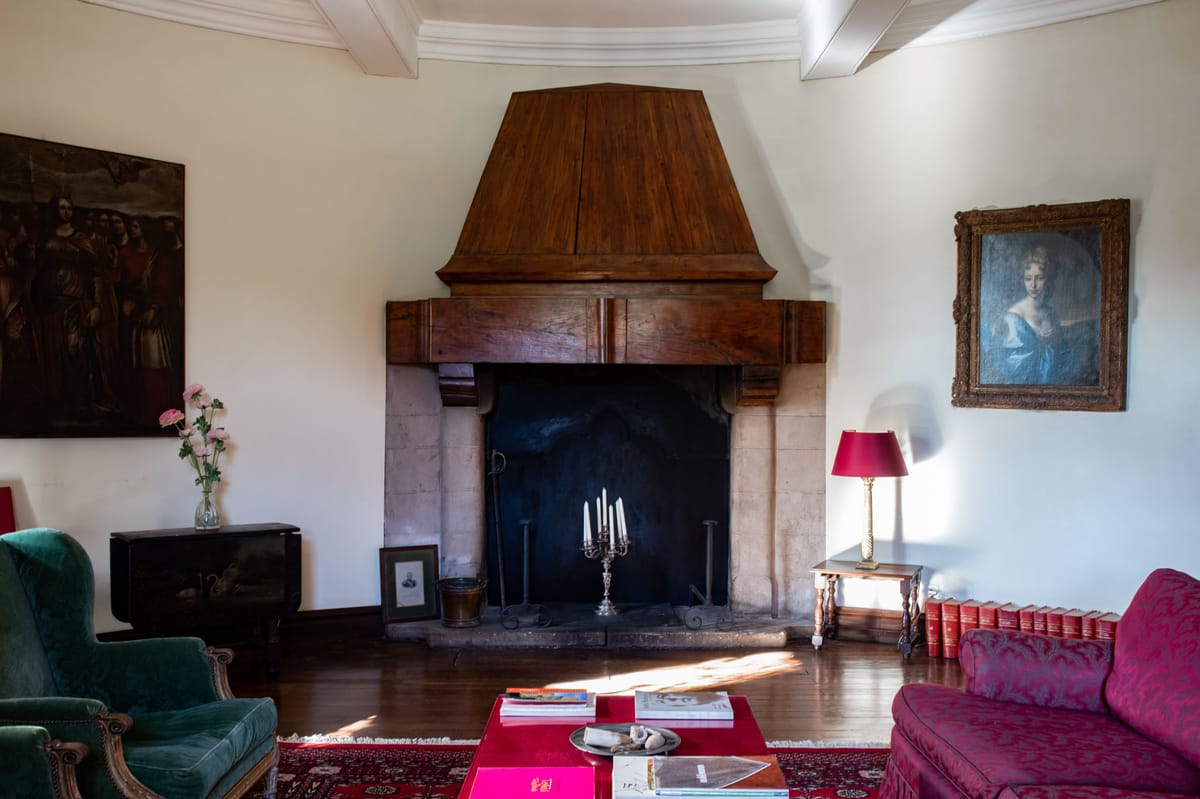 Chateau salon with walnut fireplace, green velvet armchair, crimson damask sofa, and antique oil paintings