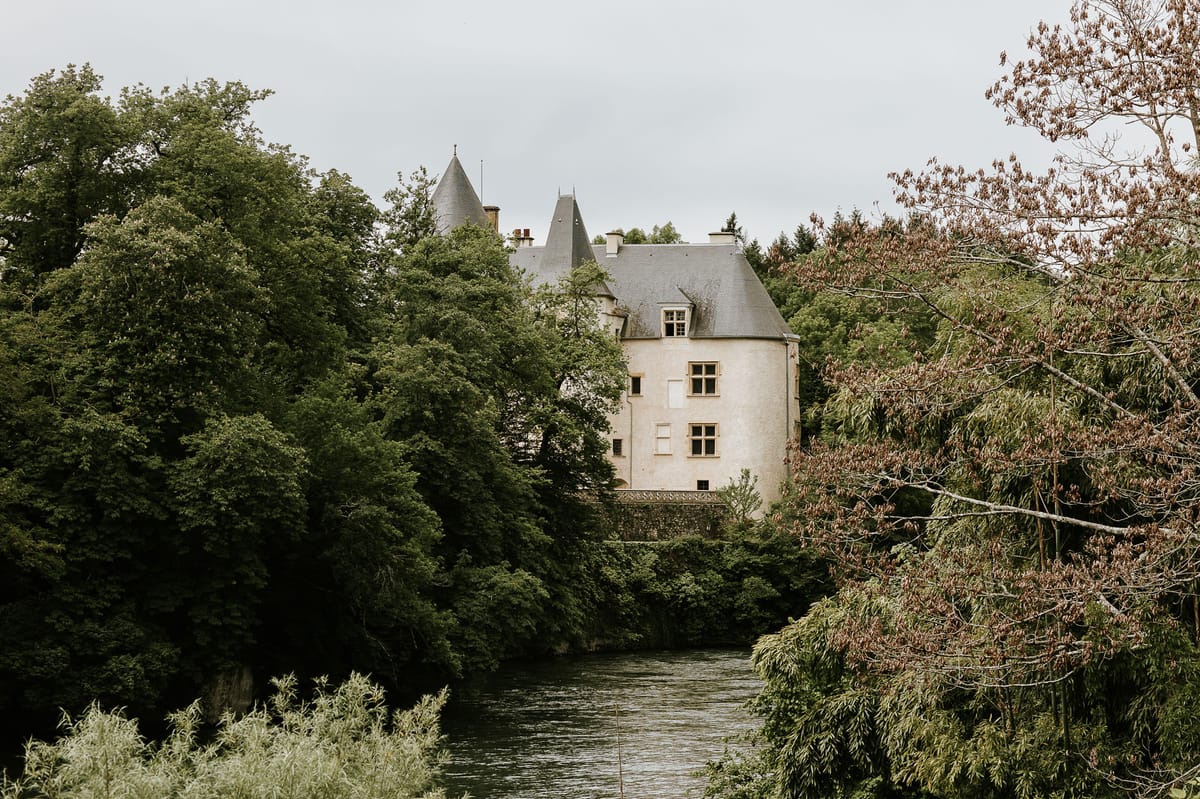 Cream stone chateau with conical towers and dormer windows viewed from across river with dense surrounding trees