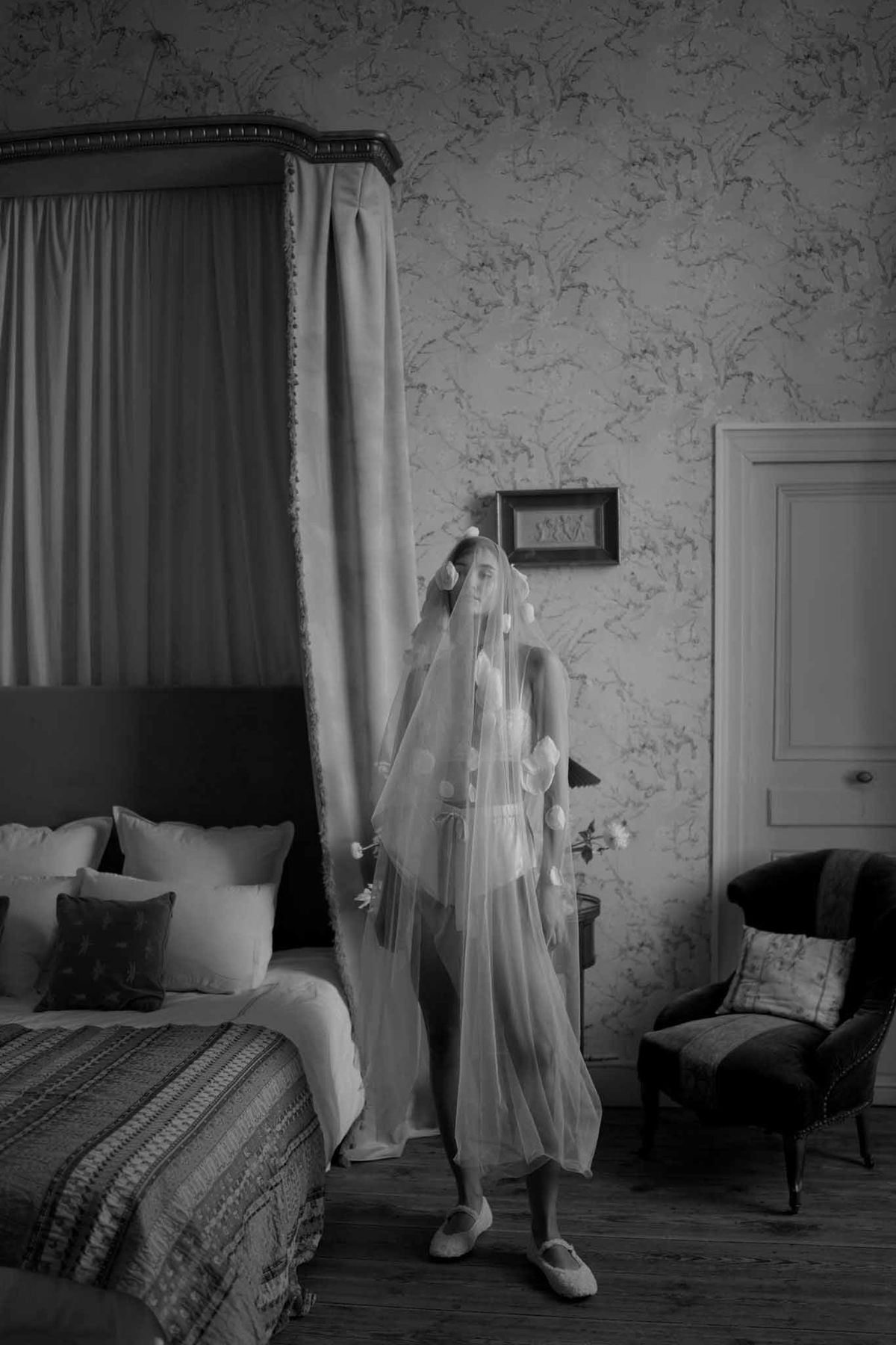 Black and white photo of bridal portrait