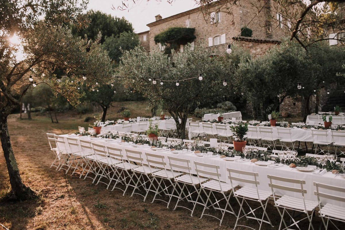 Wedding reception table setting in a garden
