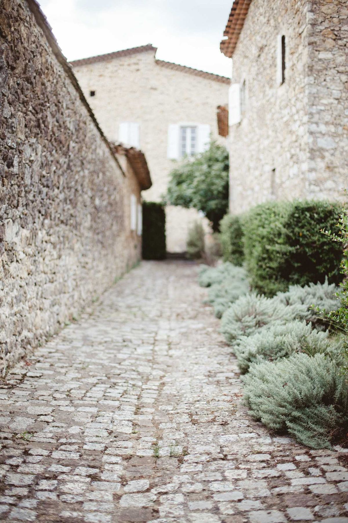 Cobblestone pathway between limestone walls with lavender silver herbs and boxwood leading to stone building