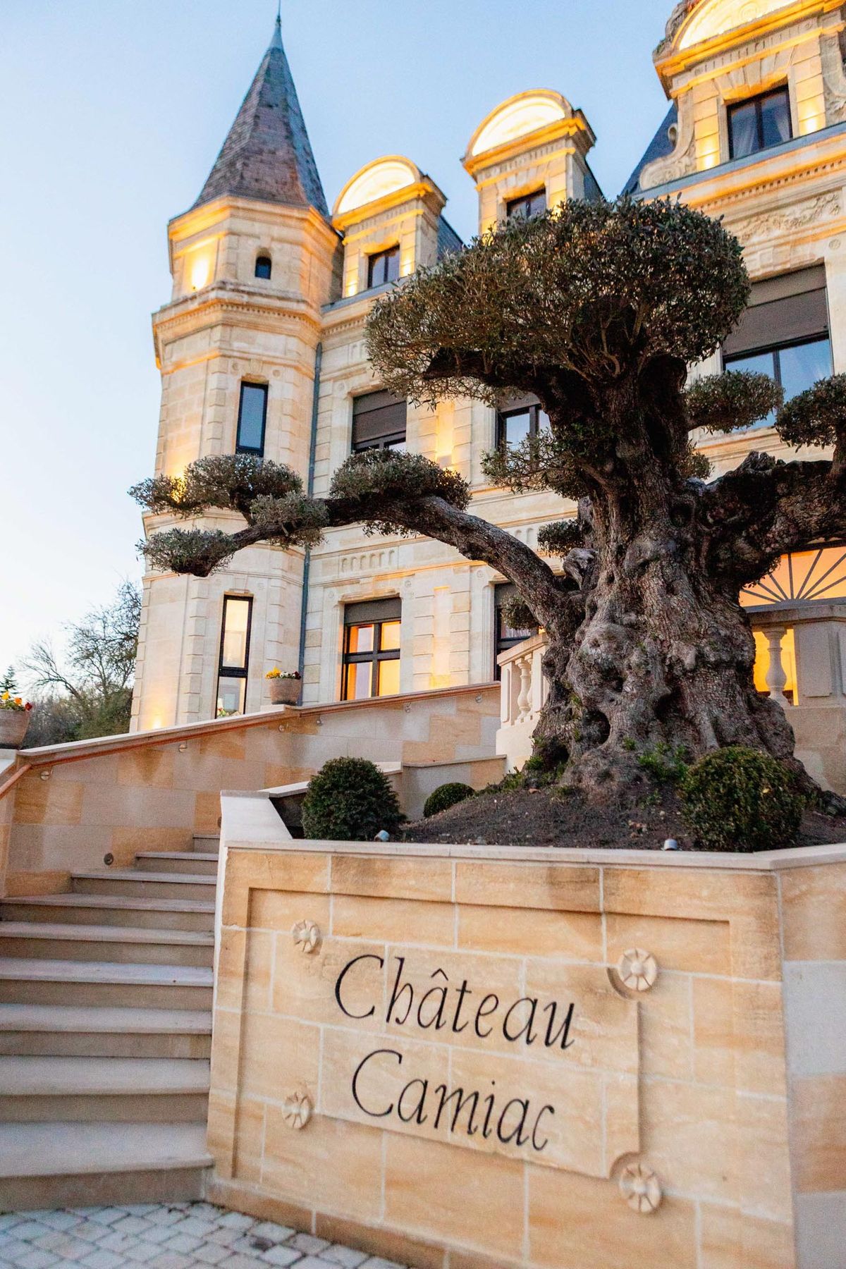 Chateau Camiac at dusk with amber uplighting, gnarled olive tree, box topiaries, and stone entrance sign