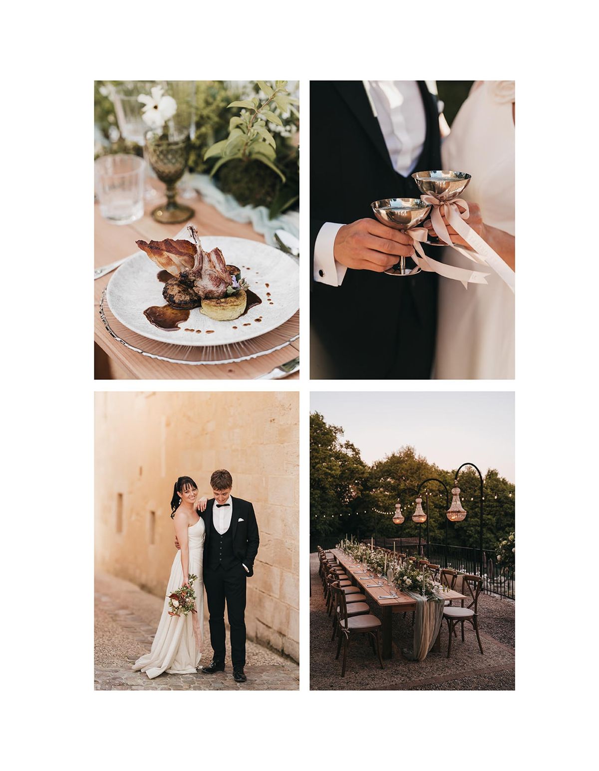 Four-image collage of plated course, champagne coupes, couple portrait, and candlelit outdoor tablescape