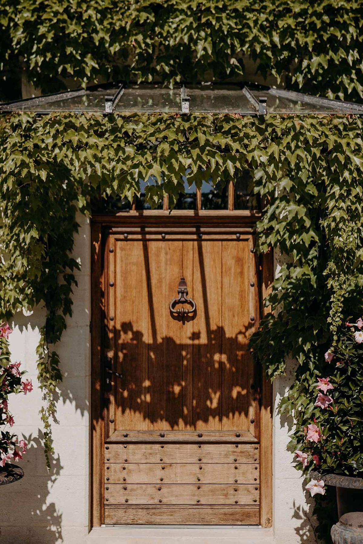 Rustic wooden door with iron knocker and climbing vines at Domaine de la Fauconnie