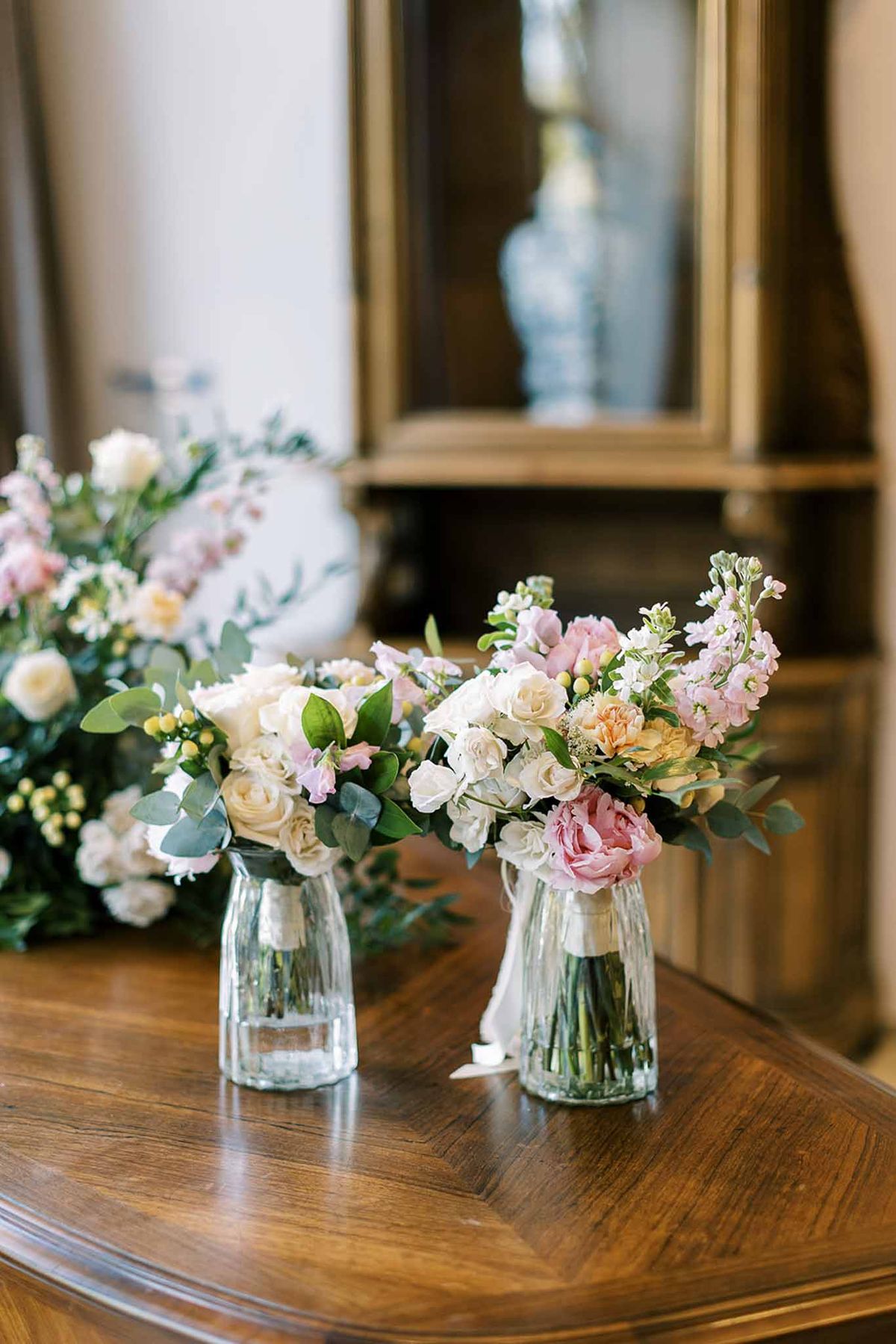 Wedding bouquet in a garden with white roses