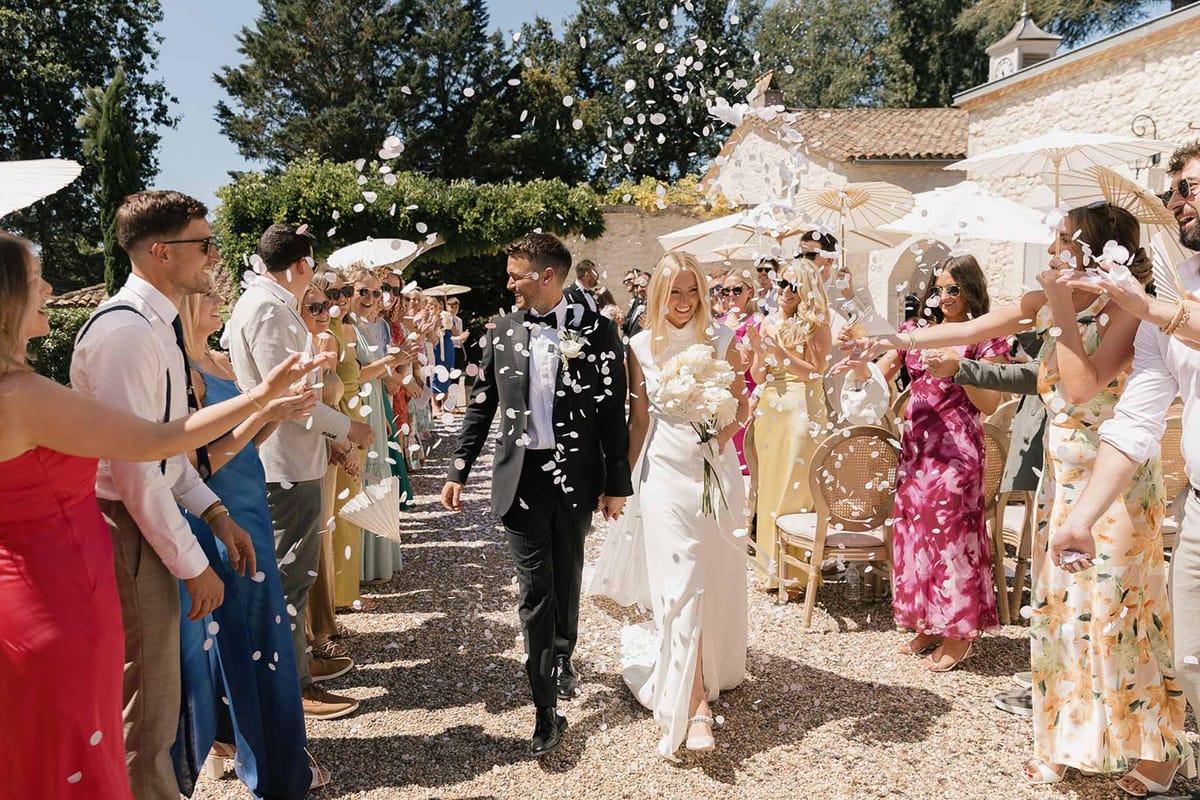 Wedding ceremony in the French countryside with peonies