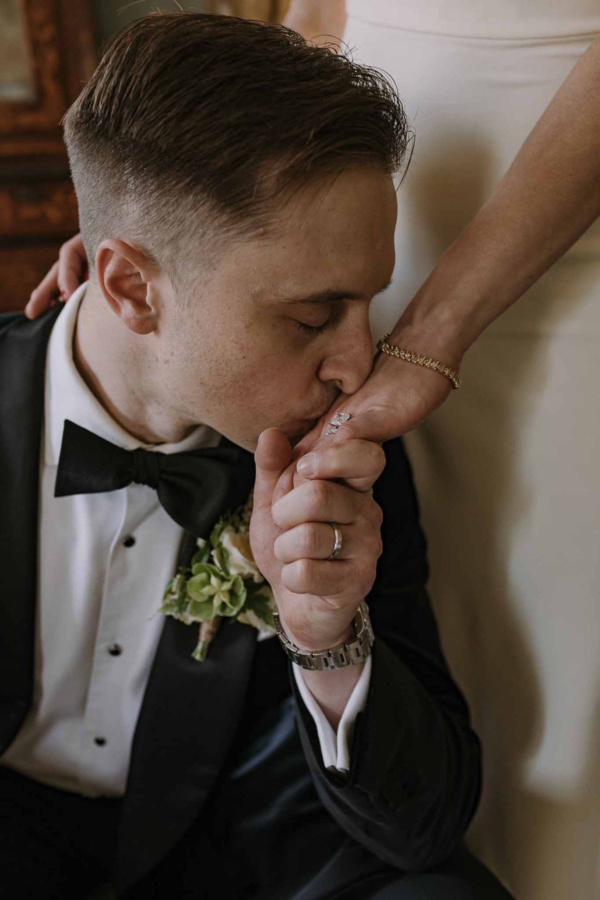 Bride and groom kissing
