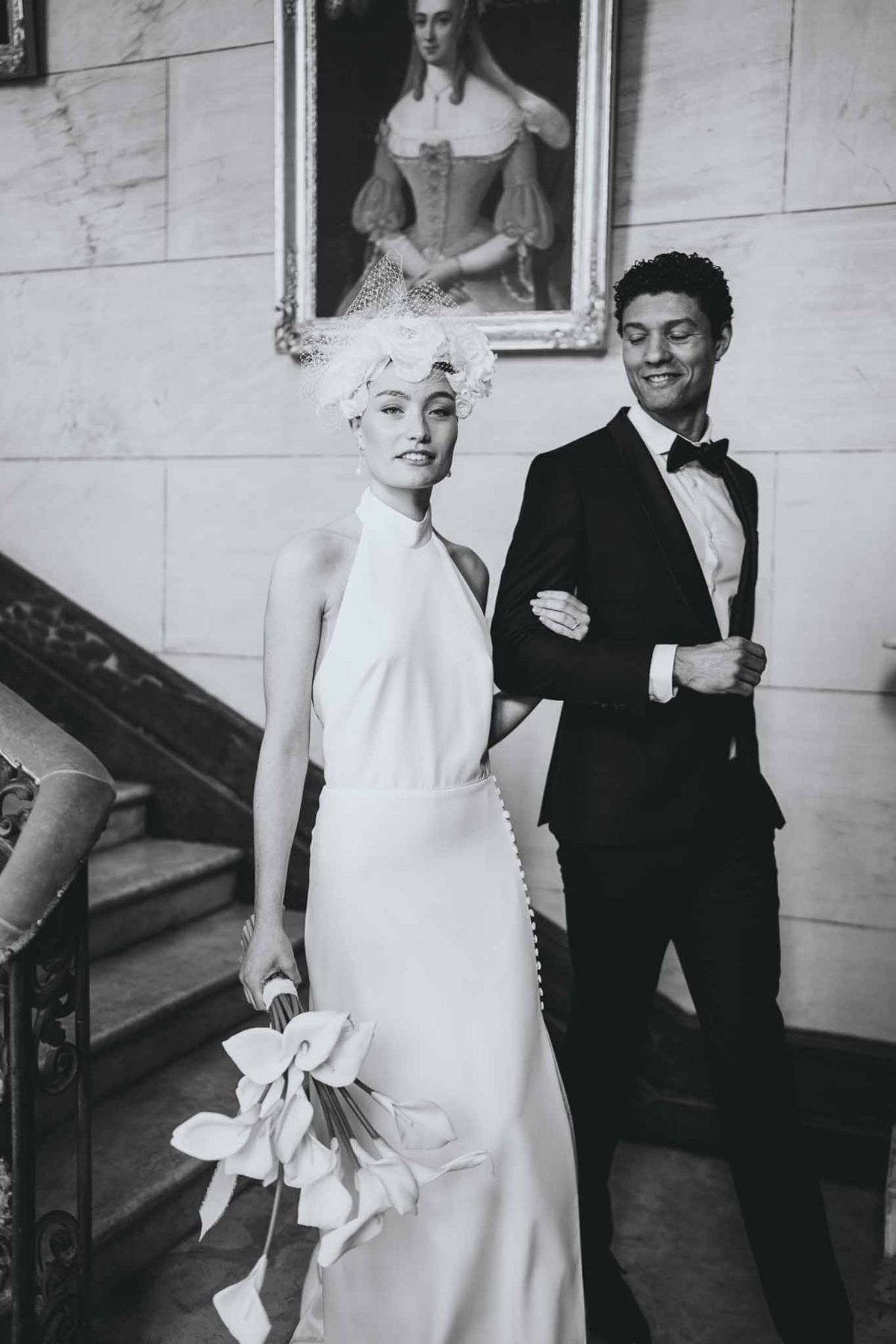 Black and white photo of bride and groom portrait