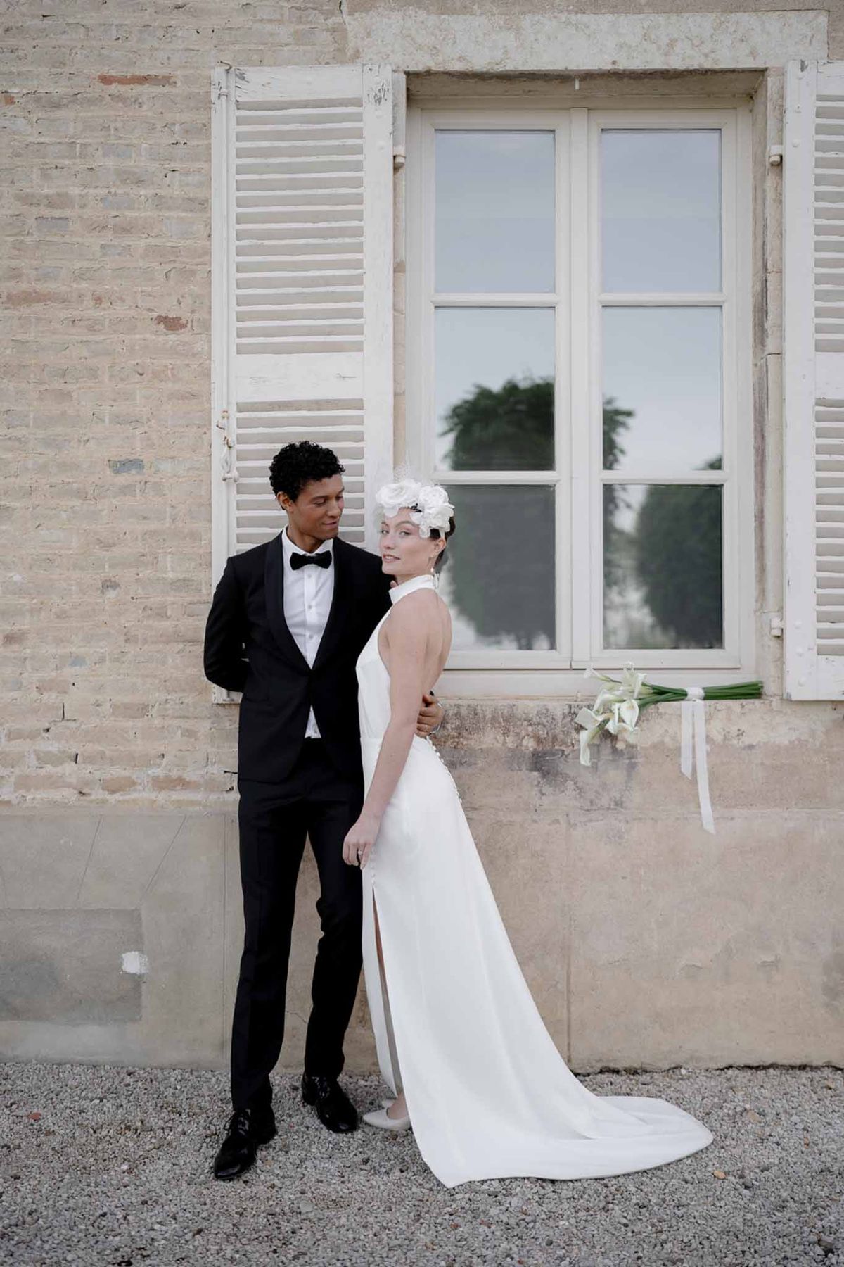 Black and white photo of bride and groom portrait