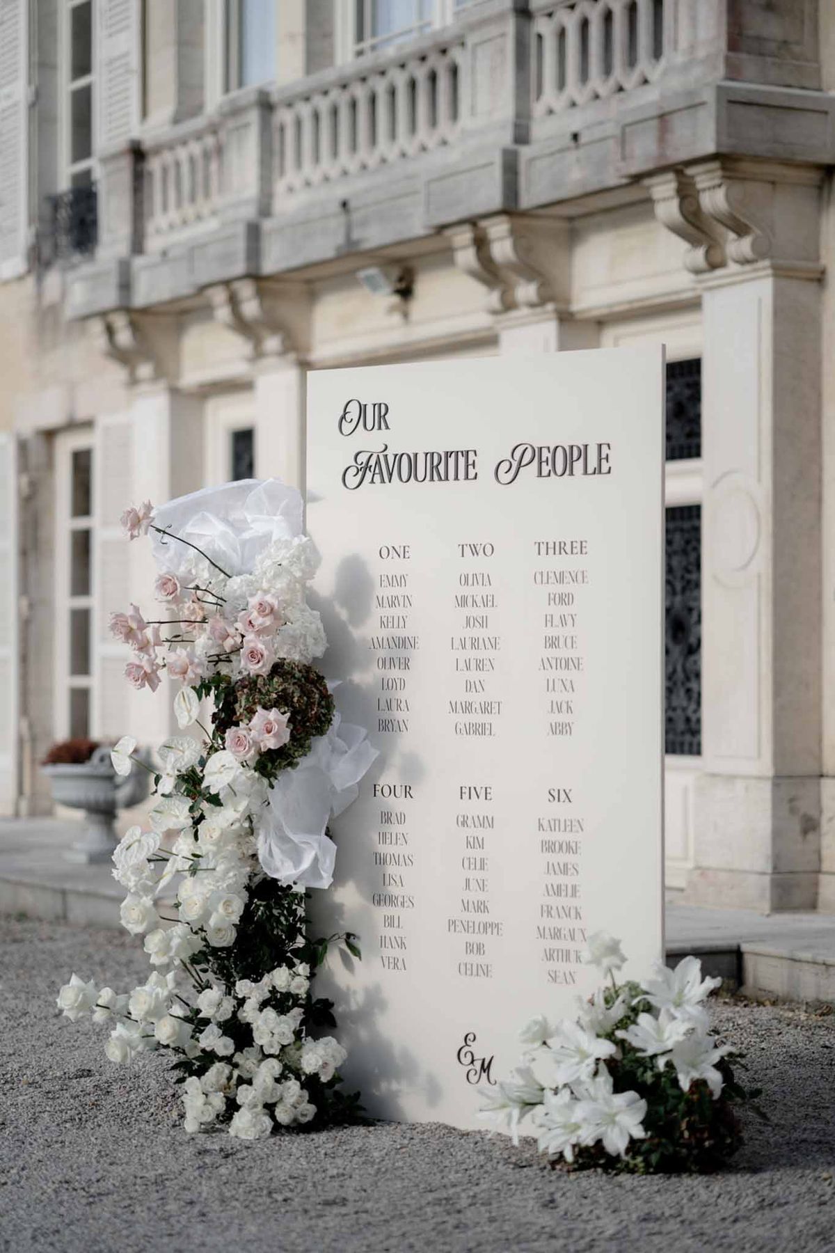 Wedding seating chart board with blush rose and white hydrangea arrangement on gravel courtyard before a stone chateau