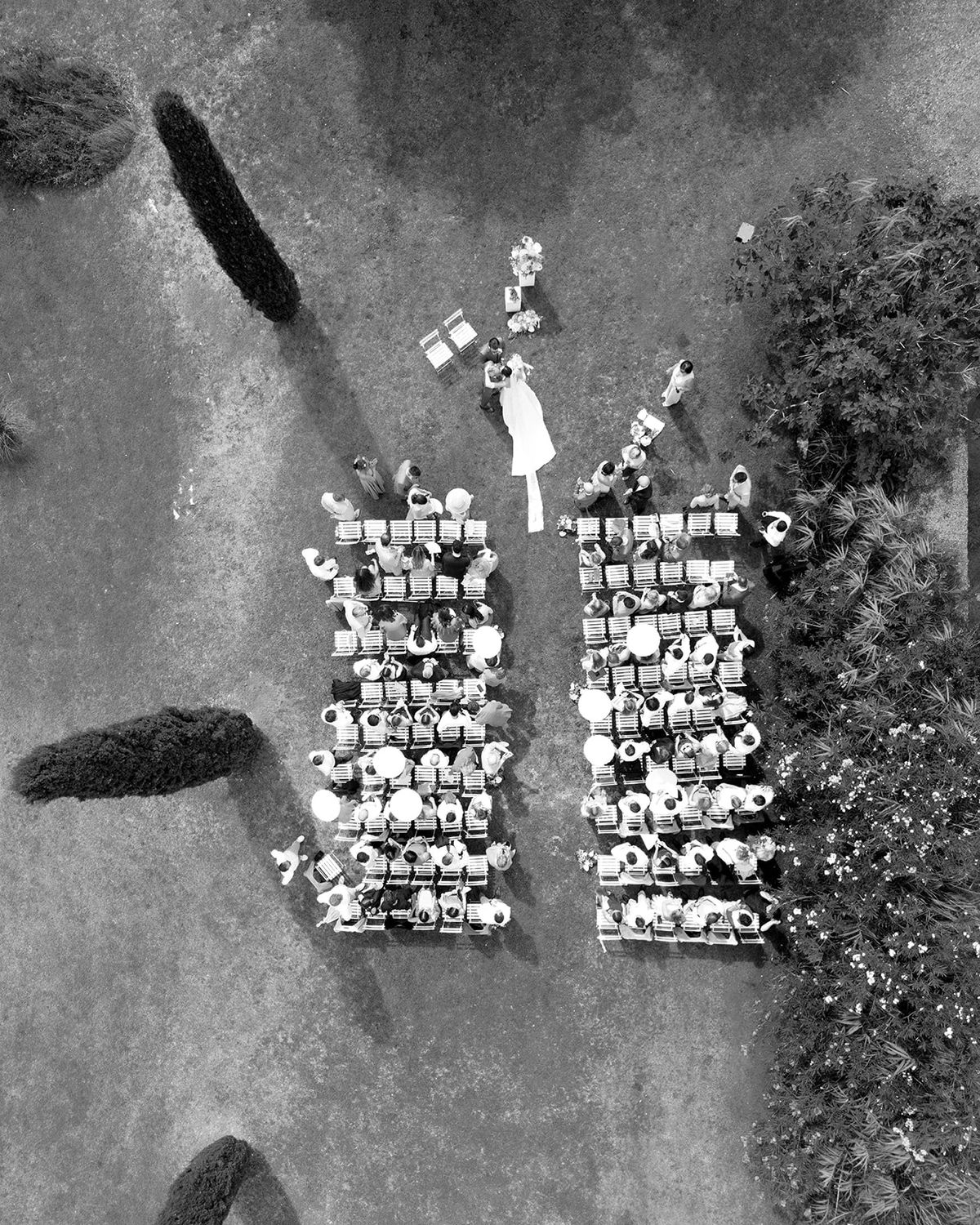 Aerial view of bride walking down ceremony aisle at Les Domaines de Patras, Provence