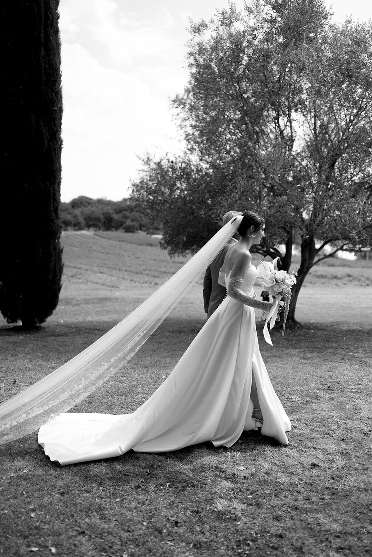 Bridal portrait with long cathedral veil flowing at Les Domaines de Patras, Provence