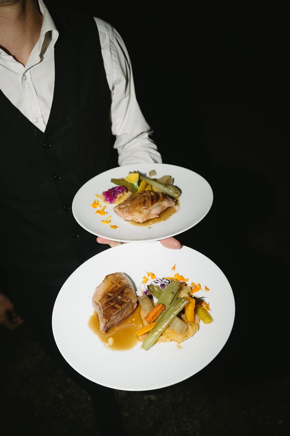 Waiter holding plated dinner course at reception at Les Domaines de Patras, Provence