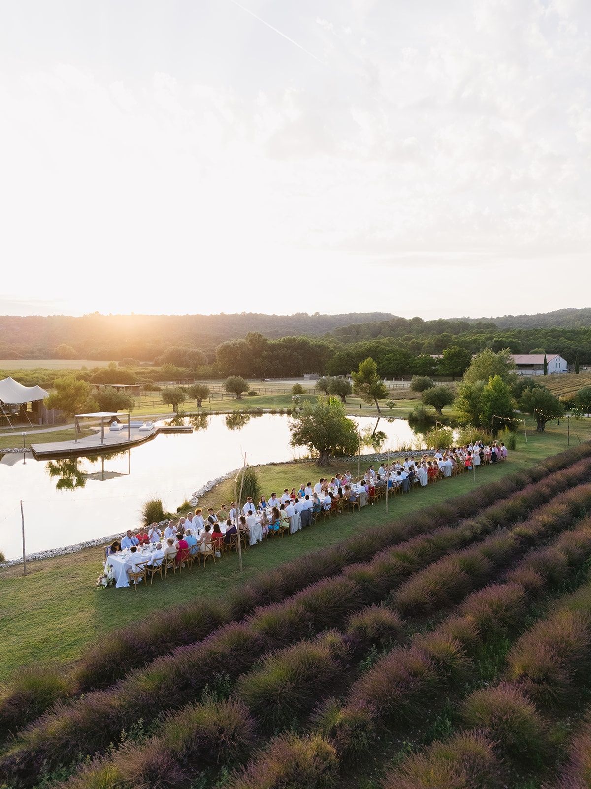 Aerial view of long reception table beside lavender at golden hour at Les Domaines de Patras, Provence