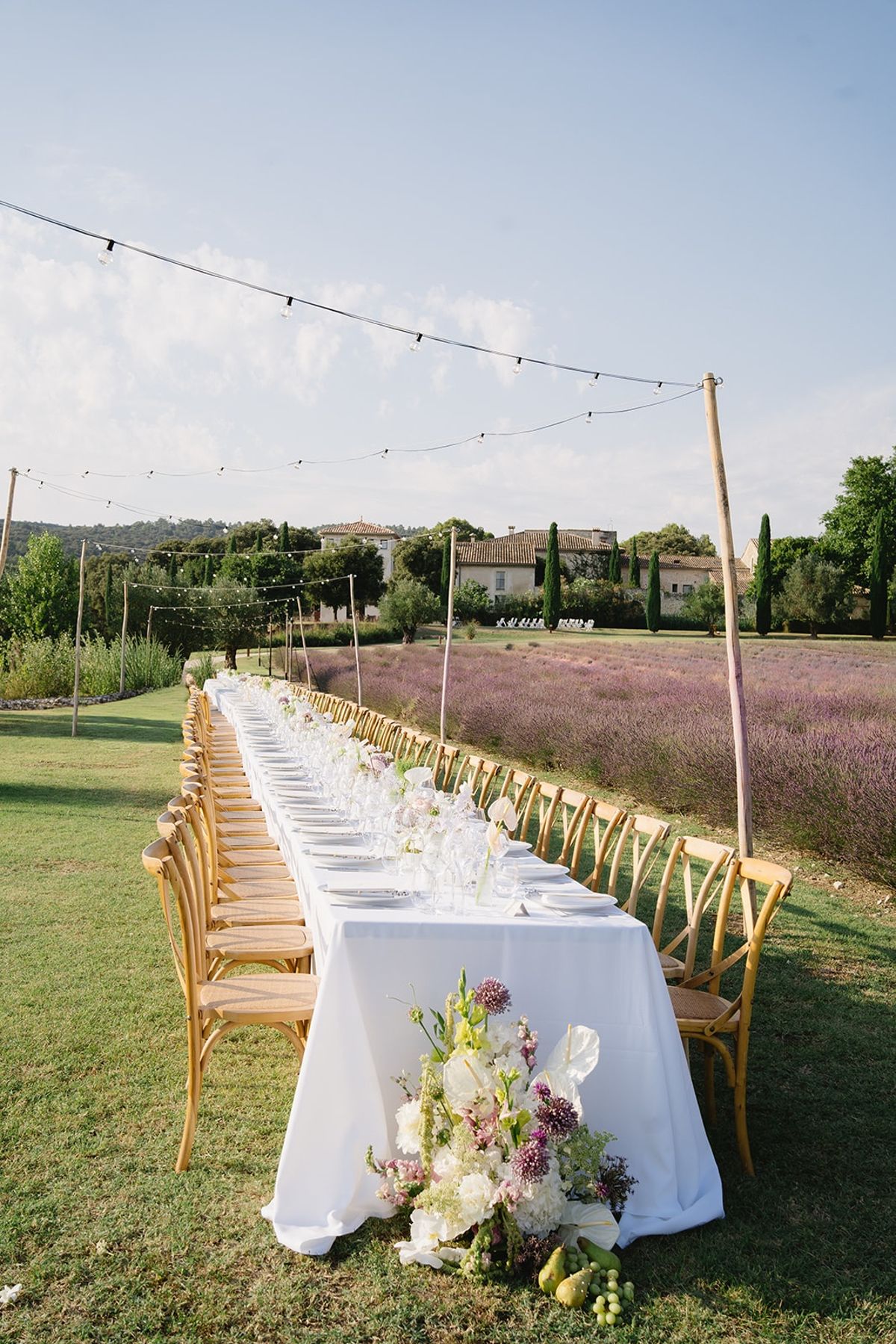 Empty banquet table beside lavender field at Les Domaines de Patras, Provence
