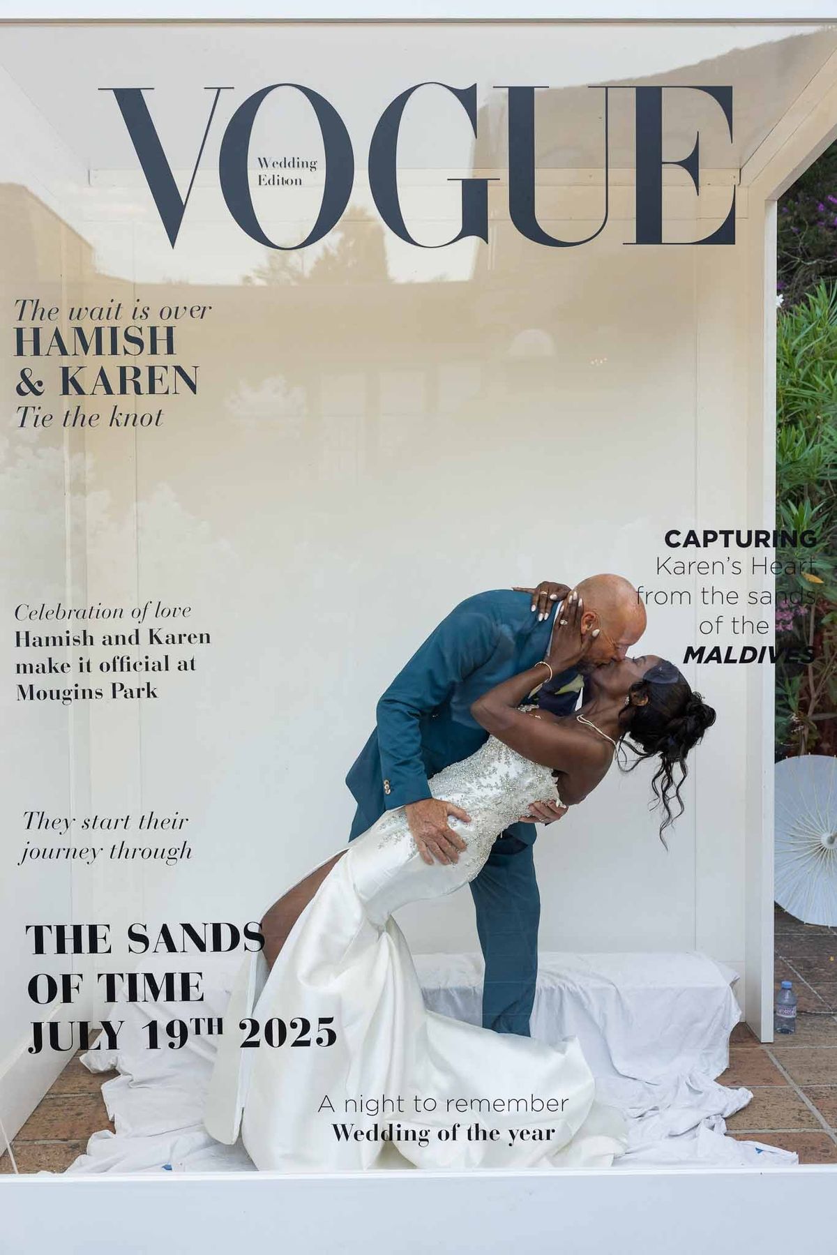 Couple posing in Vogue cover photobooth at Parc Mougins wedding reception