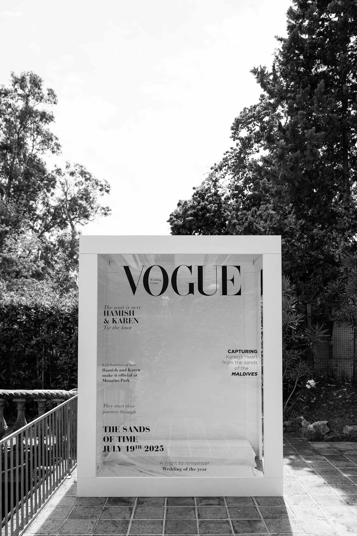 Custom Vogue magazine cover photobooth frame at Parc Mougins wedding