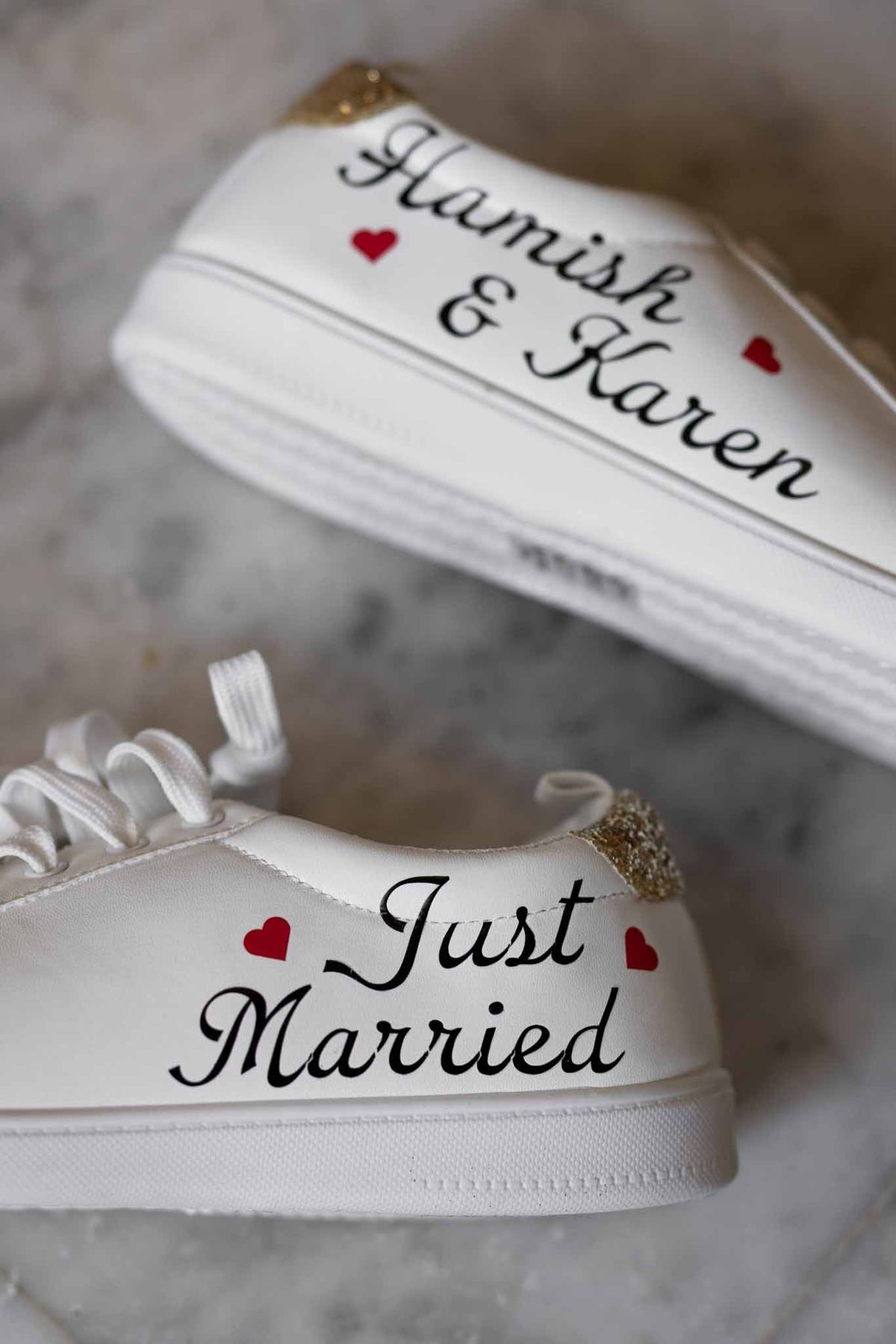 Personalised Just Married wedding sneakers with names and hearts at Parc Mougins