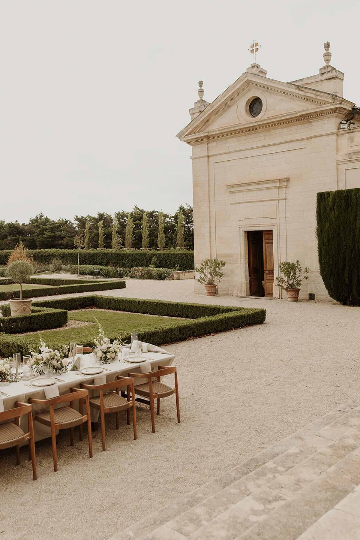 Wedding reception table setting in a garden
