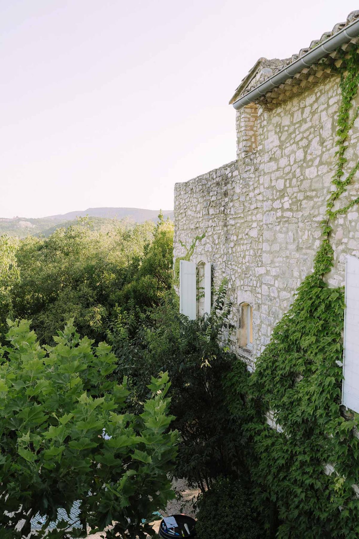 Grey limestone mas with blue-grey shutters and climbing ivy set among mature trees with hillside landscape beyond