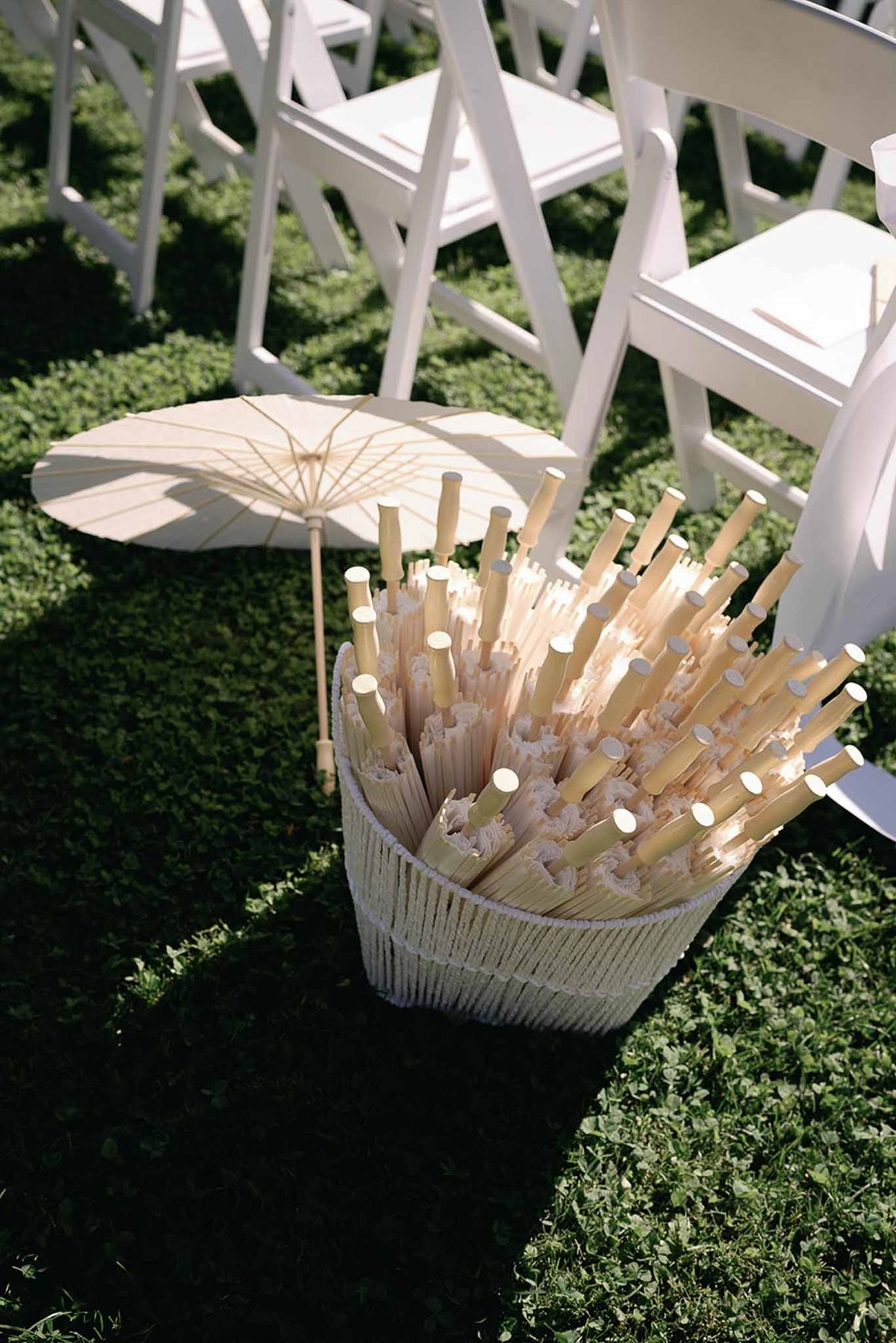 Basket of cream parasols for ceremony guests at Abbaye de Talloires