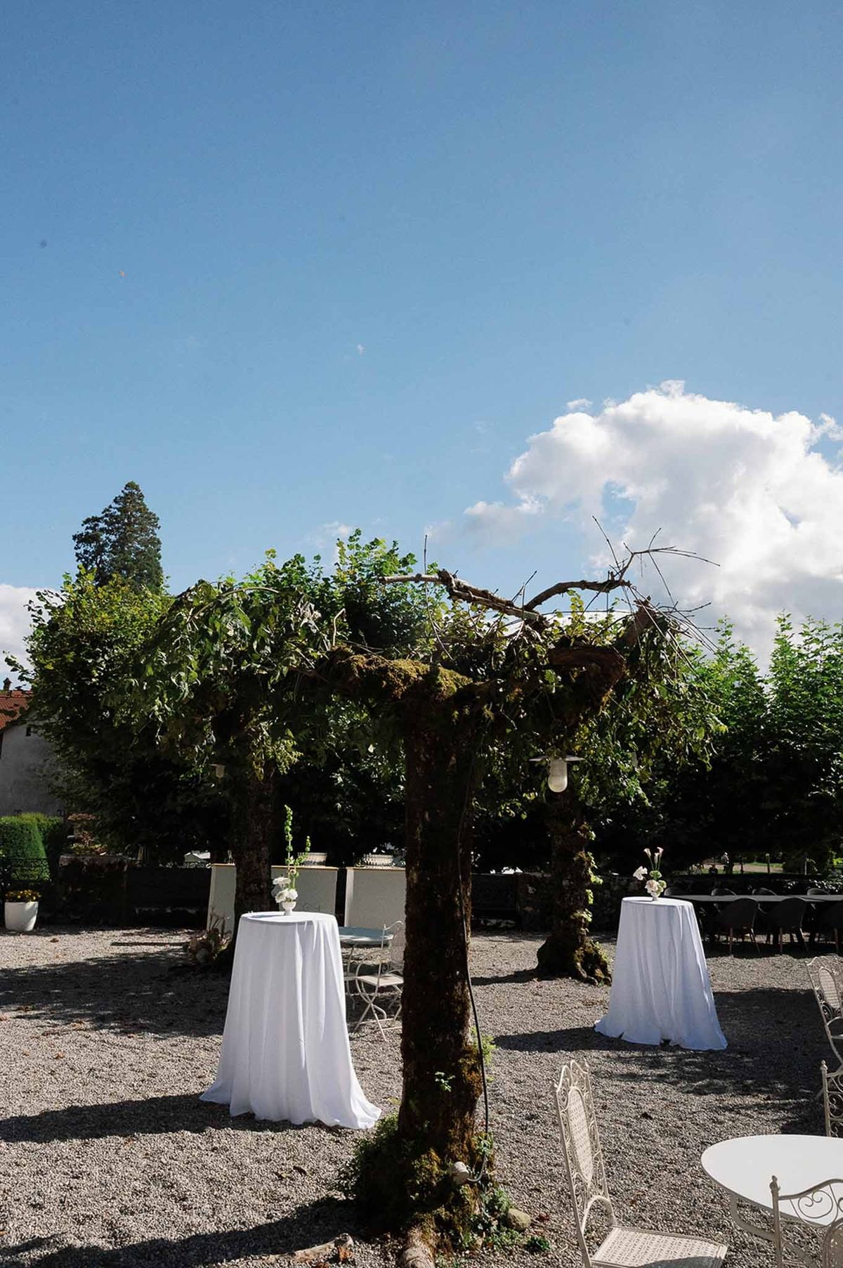 Cocktail hour with guests under shade trees at Abbaye de Talloires