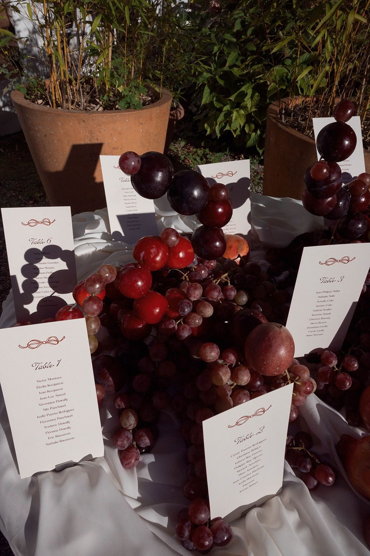 Seating chart cards labelled by table among grape clusters at Abbaye de Talloires