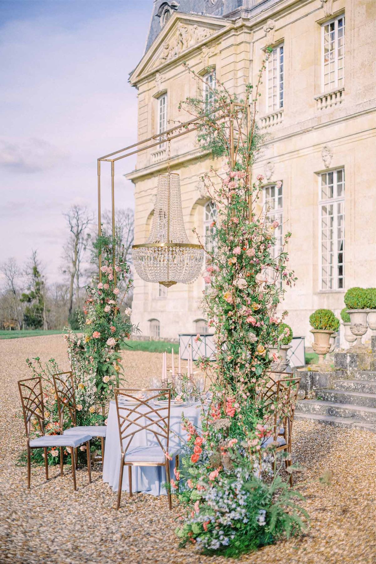 Wedding reception table setting in a garden