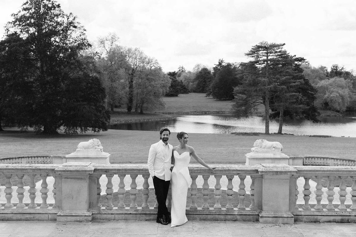 Black and white photo of bride and groom portrait