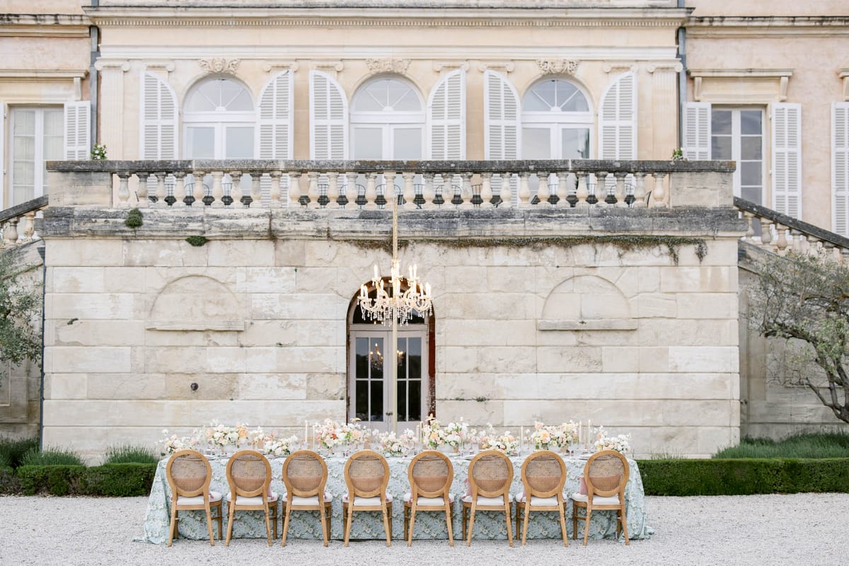 Wedding reception table setting in a garden