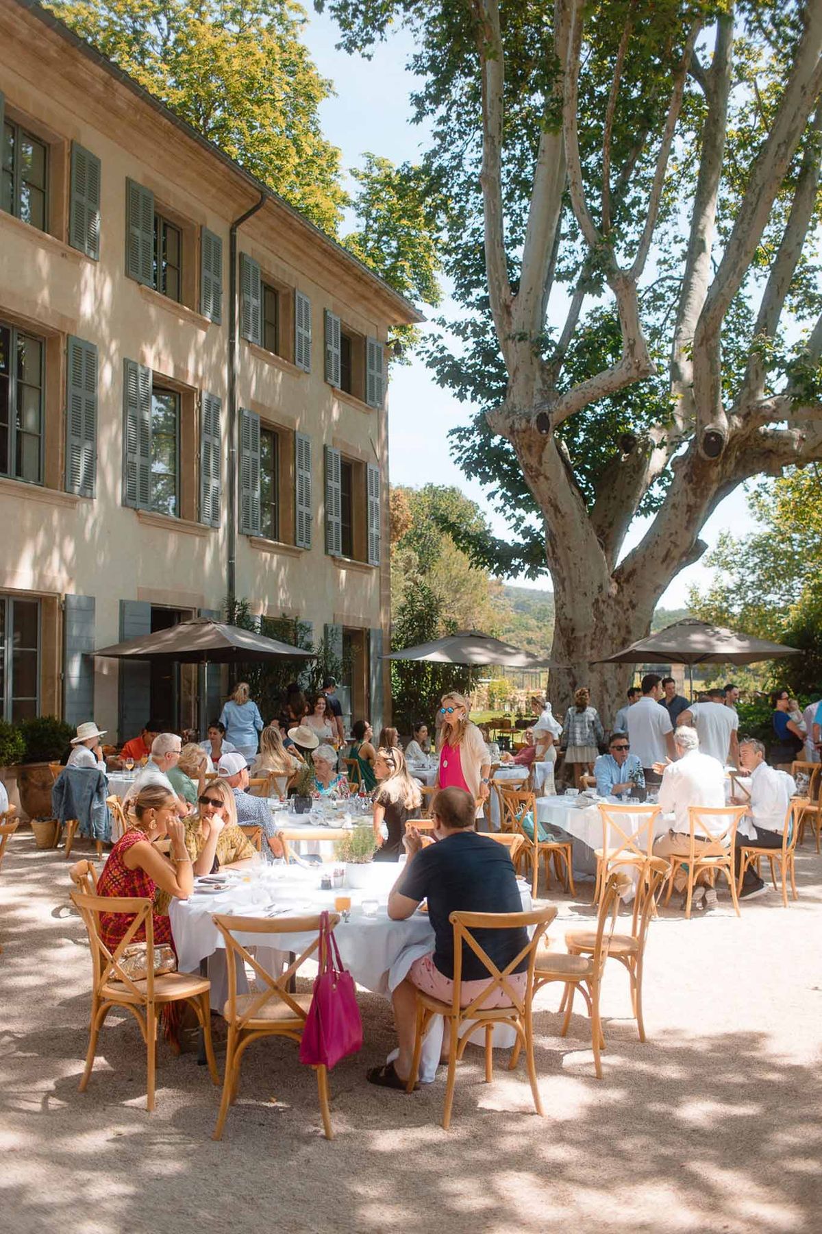 Guests at round tables with taupe umbrellas on gravel terrace beside Provencal bastide with sage shutters and plane tree