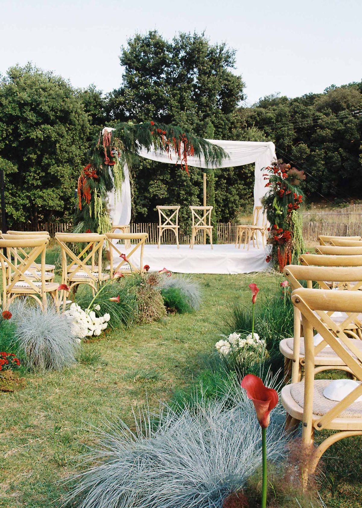 Wedding ceremony setup with white roses