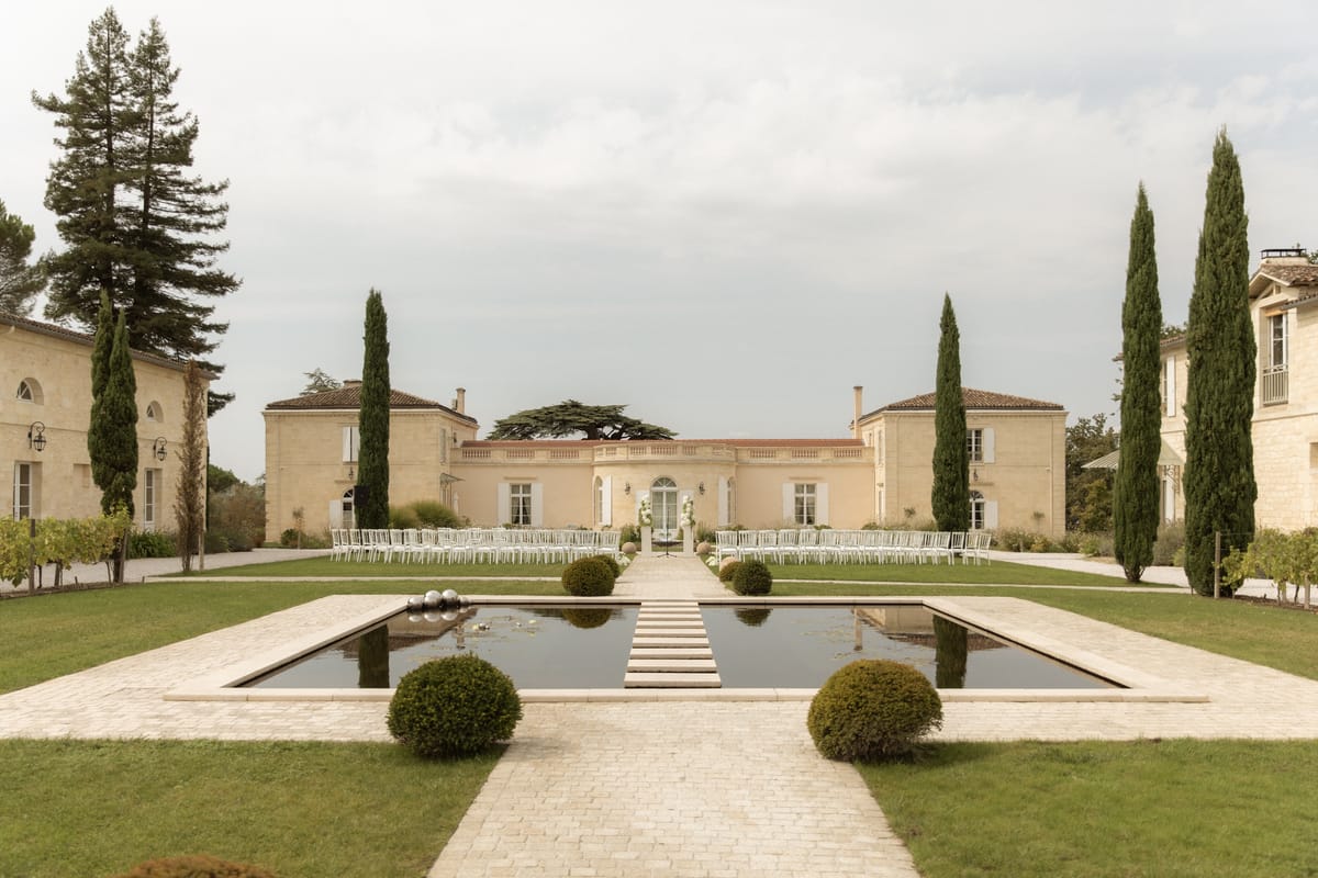 Chateau Gassies ceremony lawn and reflecting pool, Nouvelle-Aquitaine