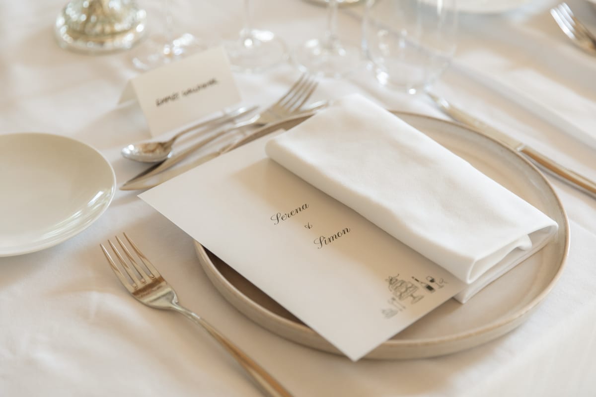 Place setting with menu card and place card at Chateau Gassies, Nouvelle-Aquitaine