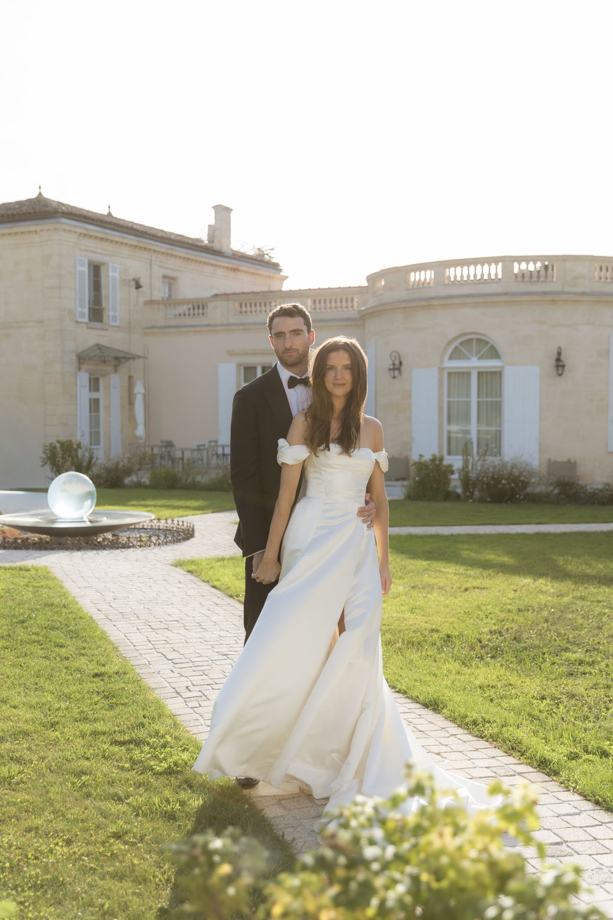 Bride and groom golden hour portrait at Chateau Gassies, Nouvelle-Aquitaine