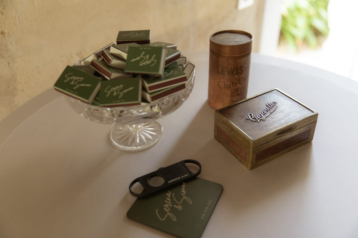 Personalised matchboxes and cigar box favours at Chateau Gassies, Nouvelle-Aquitaine