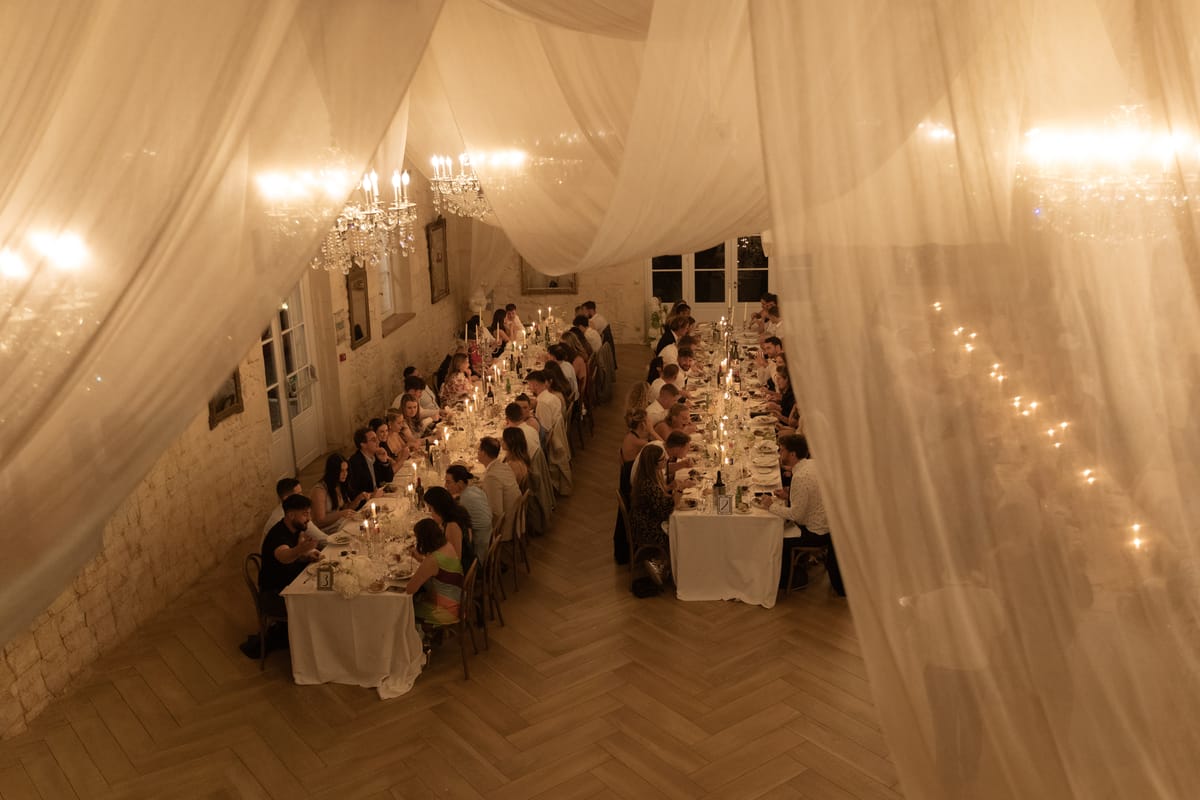 High-angle draped reception view at Chateau Gassies, Nouvelle-Aquitaine