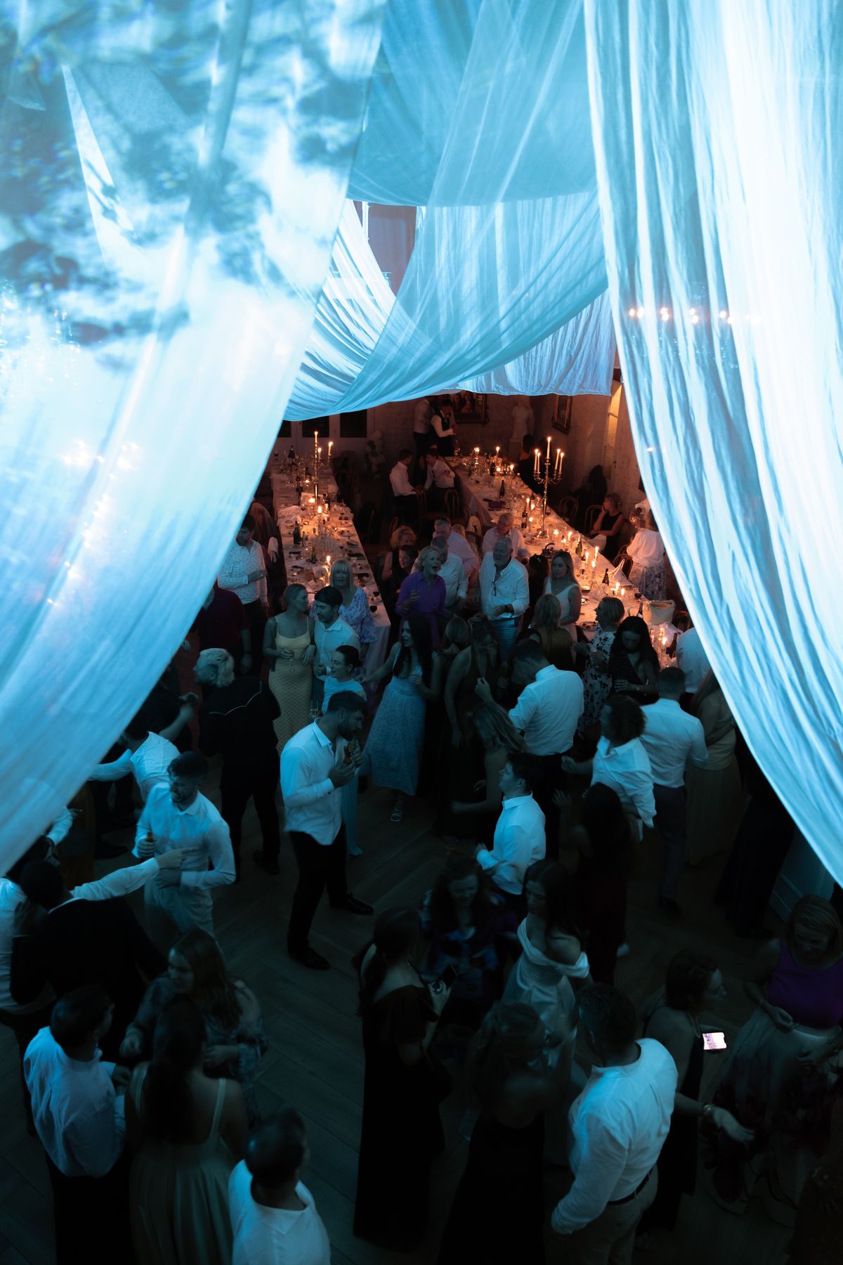Late-night dance floor under draped ceiling at Chateau Gassies, Nouvelle-Aquitaine