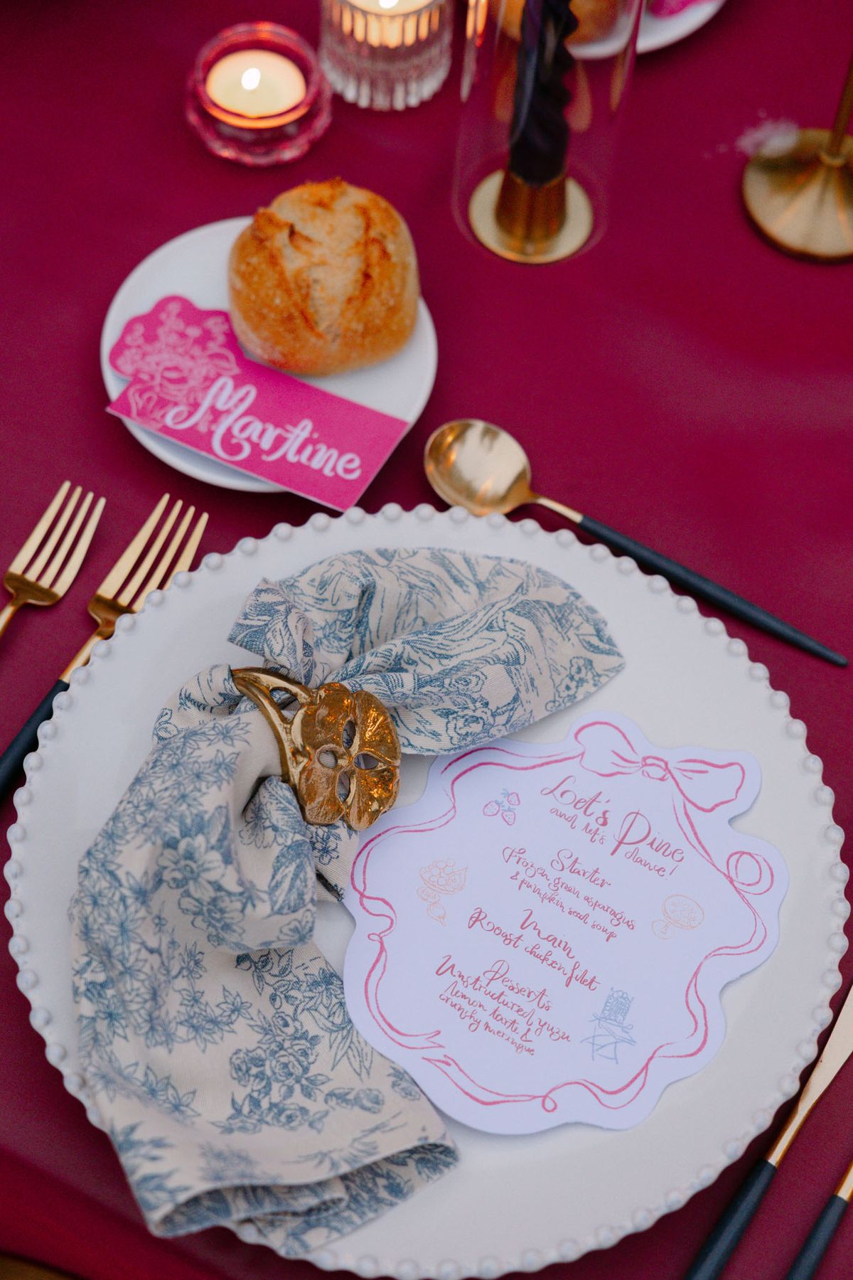 Colourful wedding details at Domaine de Perrotin in shades of fuchsia, raspberry, sky blue and orange, from the florals and tablescapes of Rooa and Mark's celebration