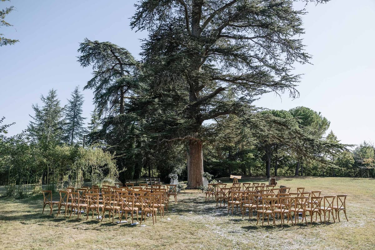 Outdoor ceremony setup with cross-back wooden chairs on lawn facing altar beneath large cedar tree at wooded estate