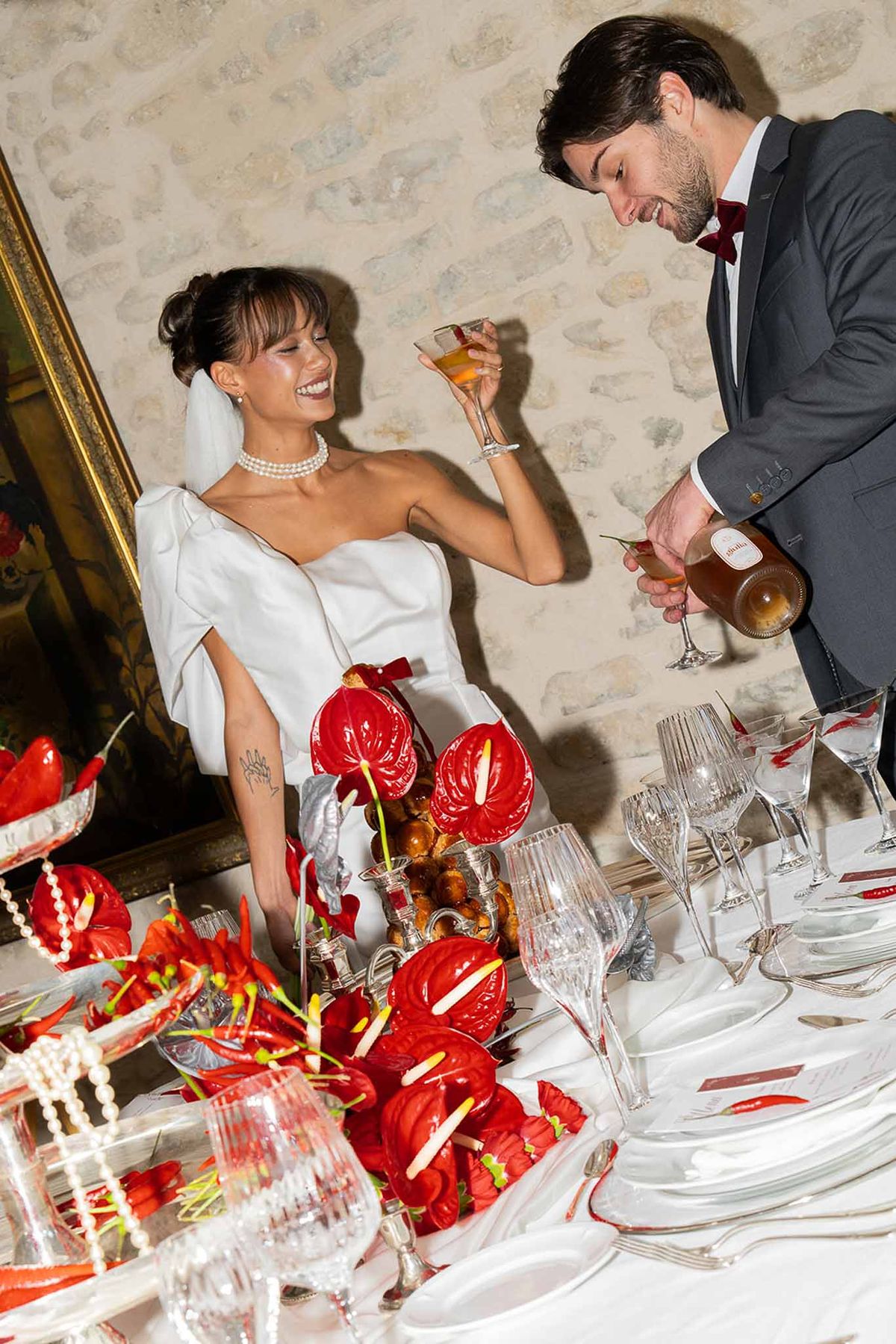 Bride and groom champagne toast at reception