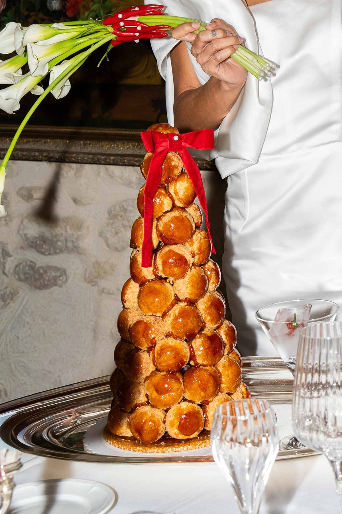 Pastry tower with red ribbon at Scarlet Hour reception